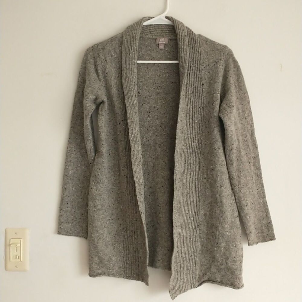 J Jill Open Front Cardigan Sweater XS Gray Italian Yarn Wool Cashmere ShawlColla